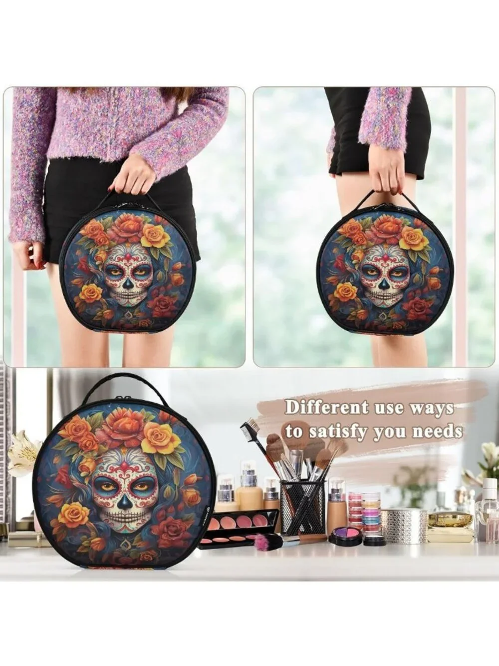 Dia de Muertos Sugar Skull Makeup Case - Portable Travel Artist Storage Bag